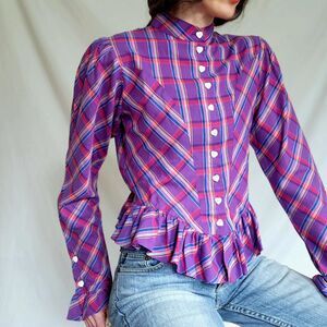 Vintage 1970s Prairie Blouse: Heart Button Purple Plaid Ruffle Top, Small